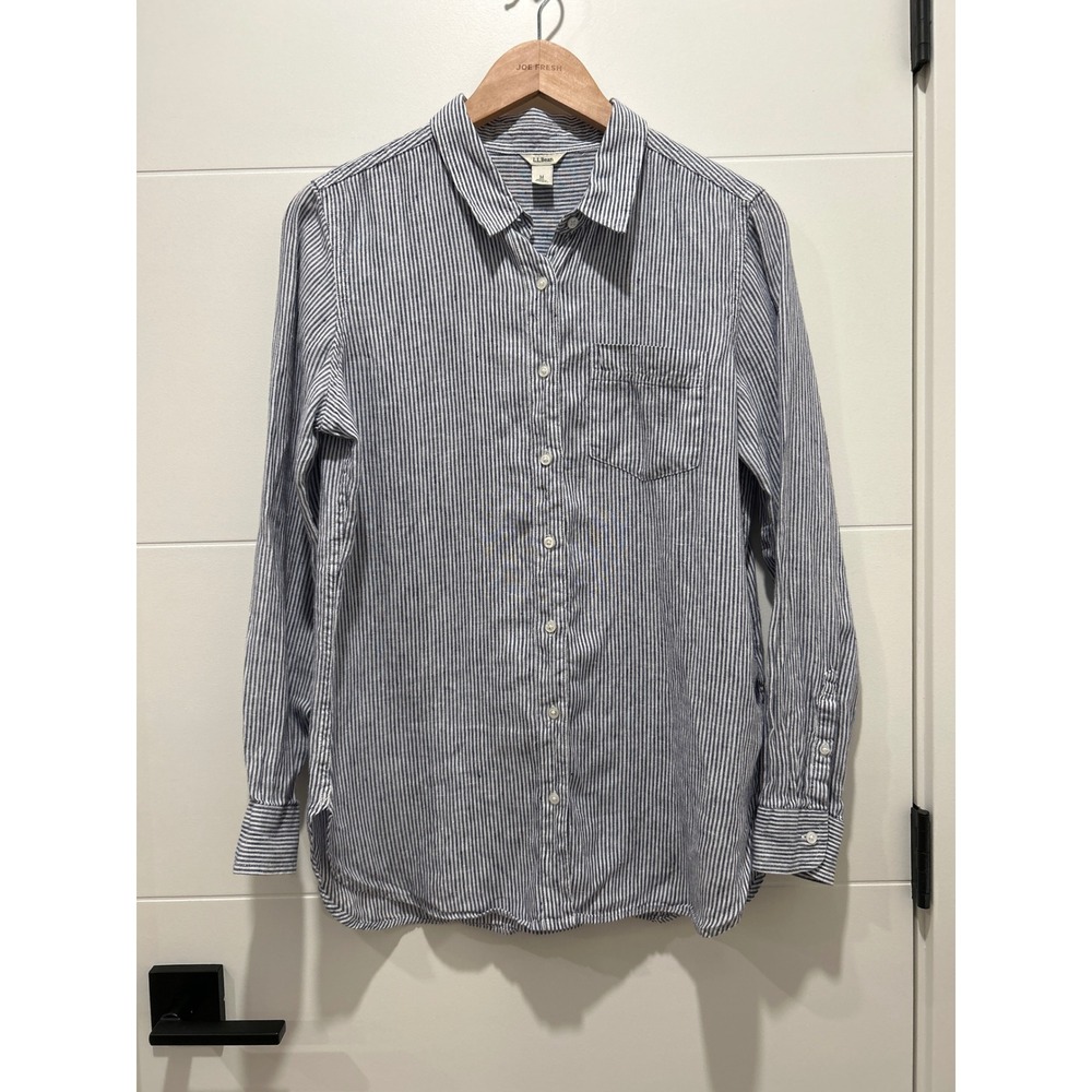 LL Bean Womens Blue White Striped 100% Linen Button Down Shirt 301237 M Regular